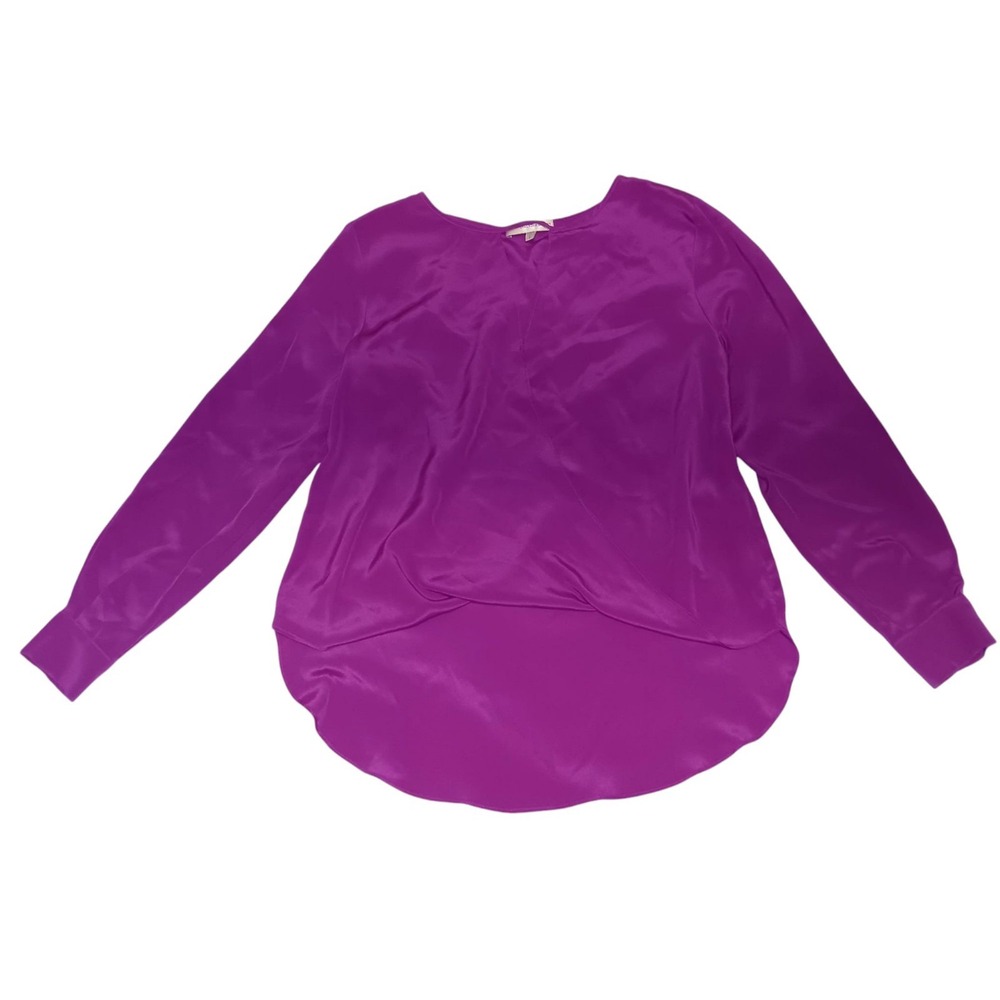 Lavender Brown Womens Silk Blouse Size S Purple Wrap Front Long Sleeve